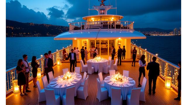 Elegant corporate event setup on the deck of a luxury yacht, mobile view